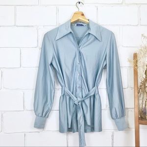 Vintage baby blue tie waist blouse